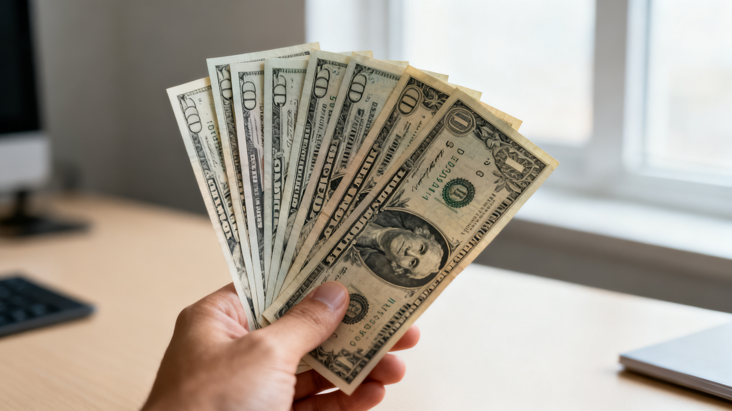 Mãos segurando cédulas de dólar sobre uma mesa