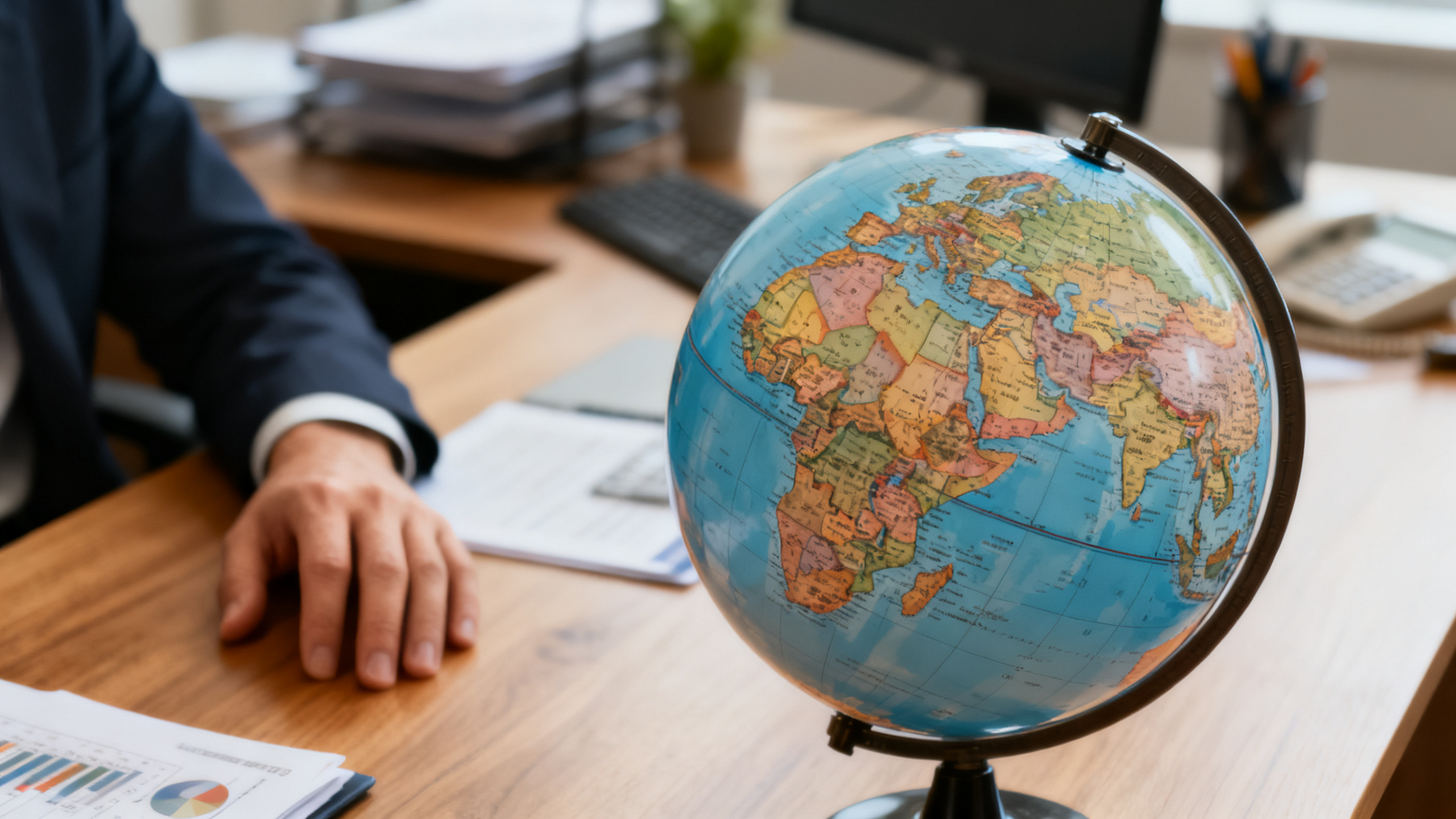 Globo terrestre sobre mesa de escritório representando o mercado financeiro global