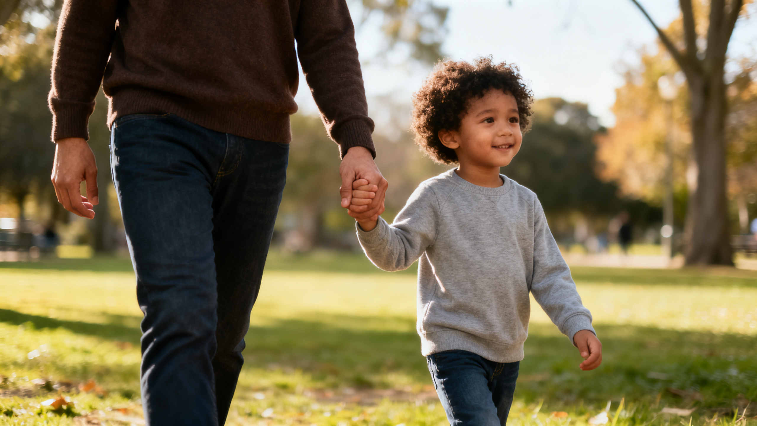 Pai caminhando de mãos dadas com filho pequeno em um parque