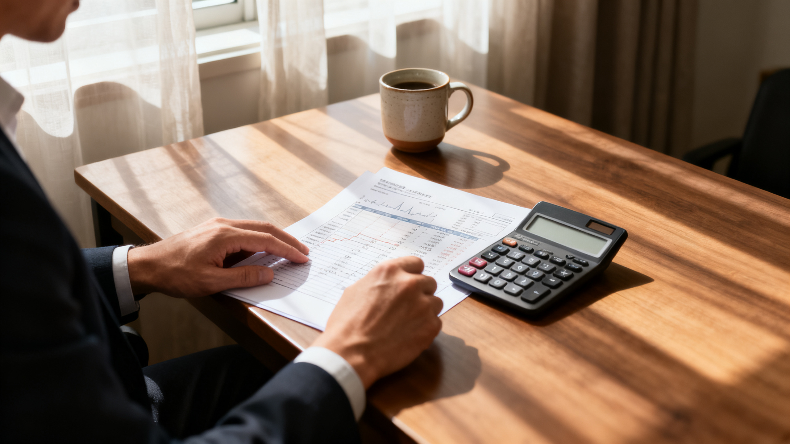 Pessoa organizando suas finanças em uma mesa de escritório