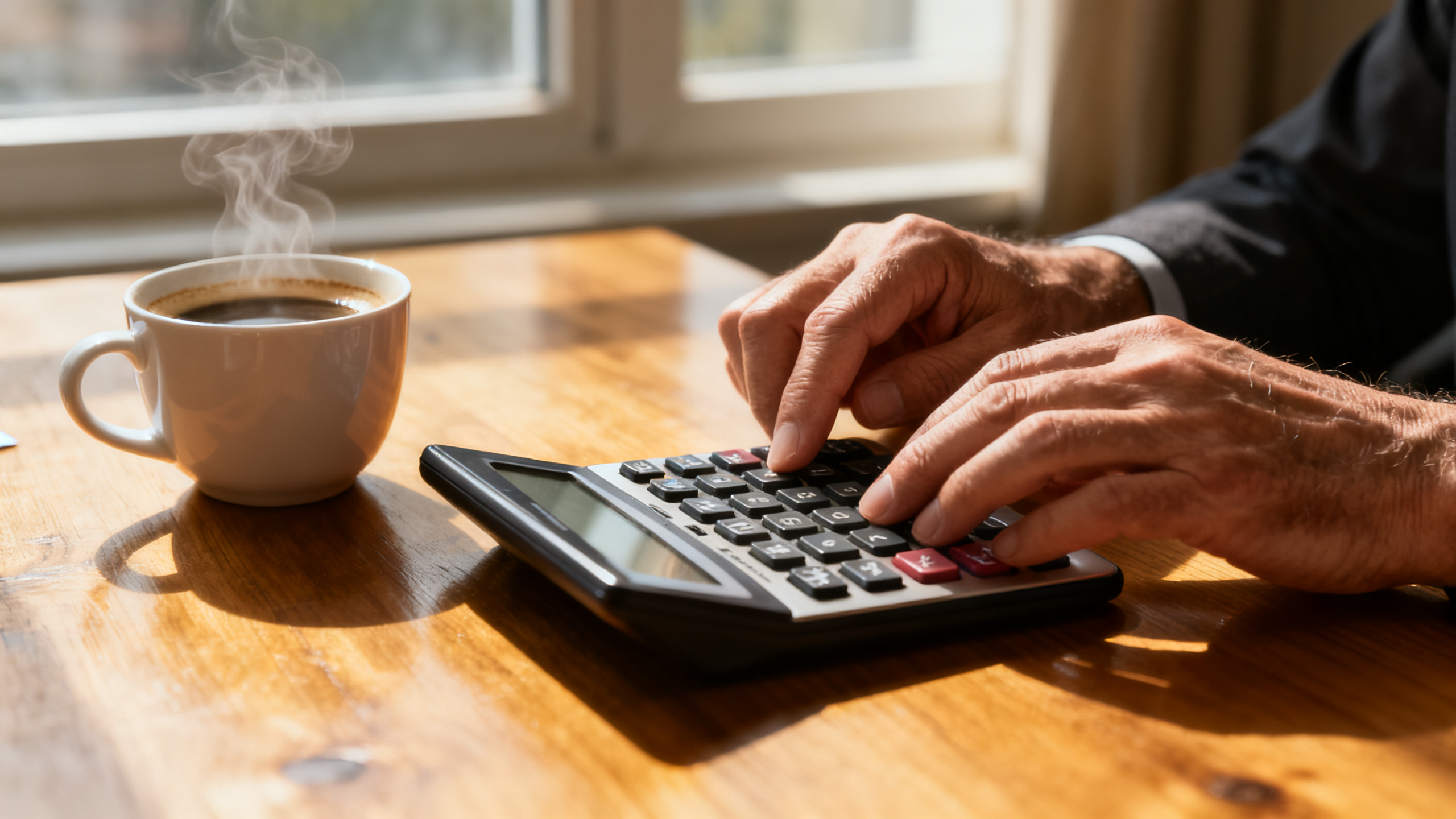 Mãos de pessoa usando calculadora sobre mesa de madeira