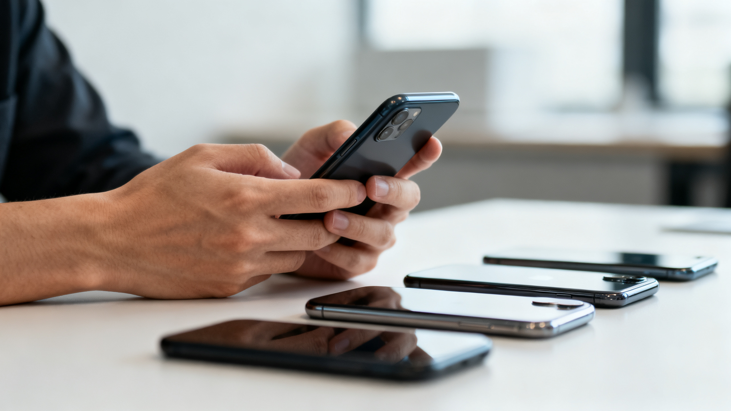Mãos segurando um celular com outros aparelhos deixados de lado sobre a mesa