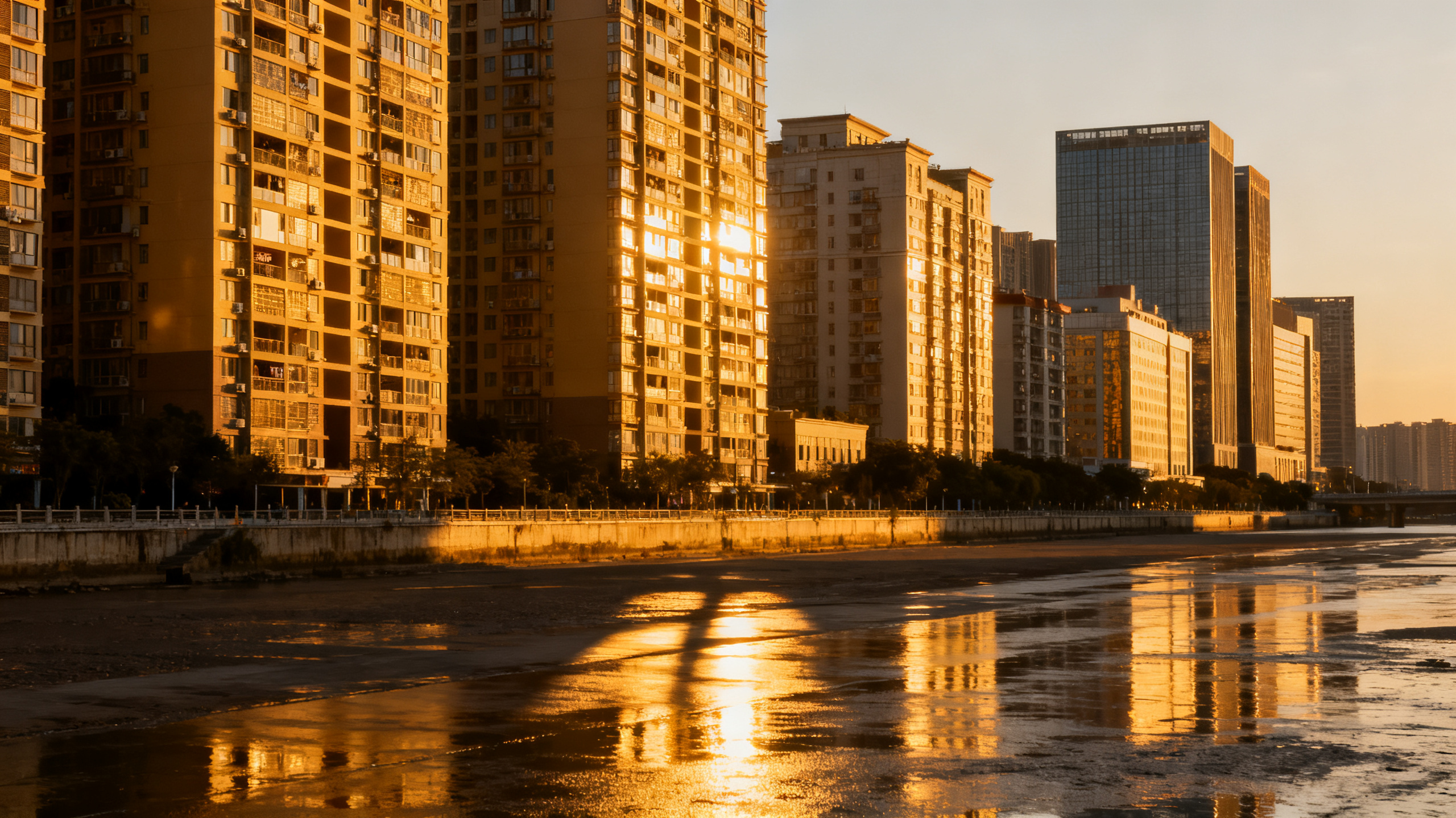 Skyline urbano com prédios residenciais e comerciais ao entardecer