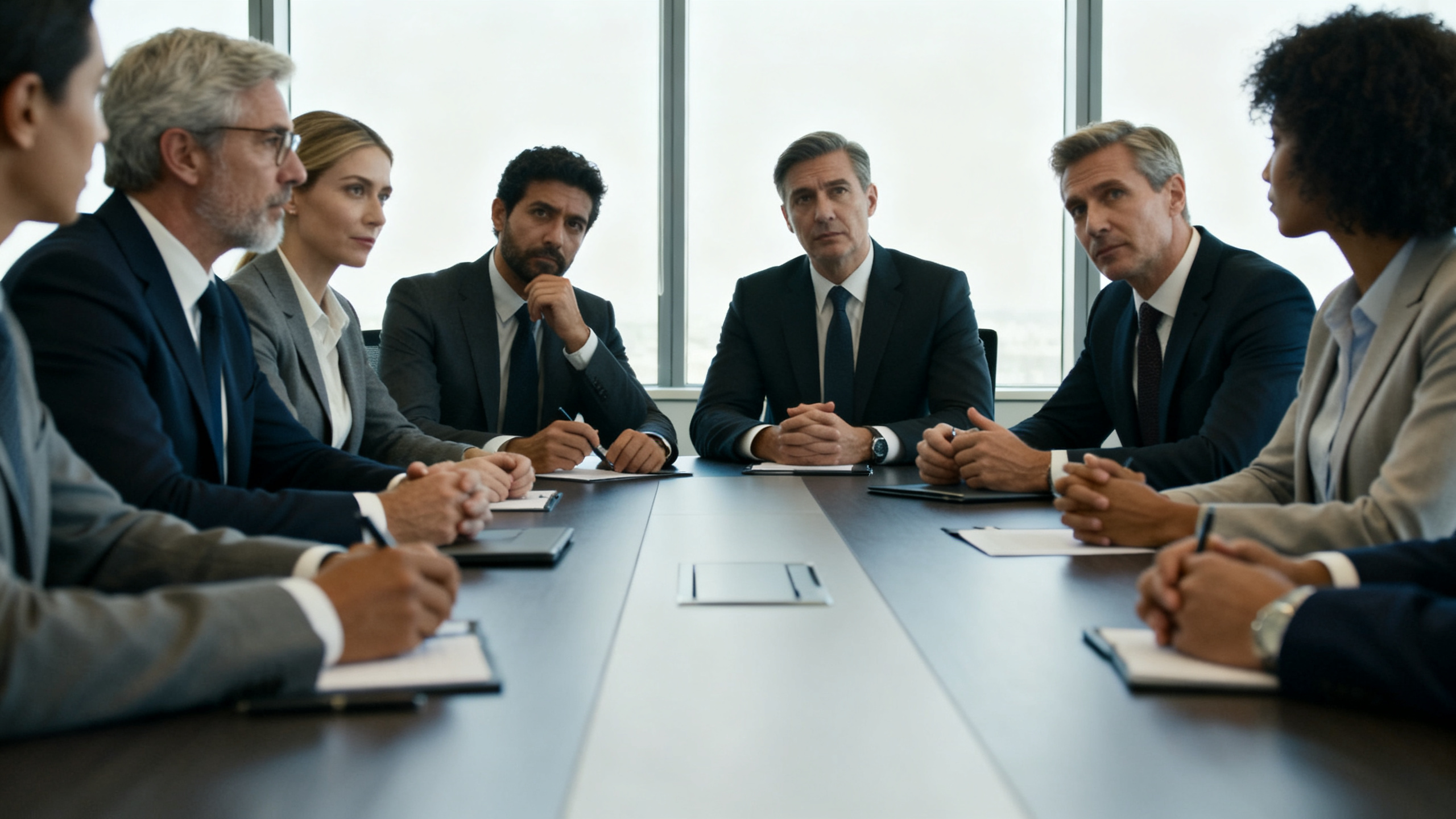 Reunião de profissionais em uma sala moderna discutindo decisões econômicas