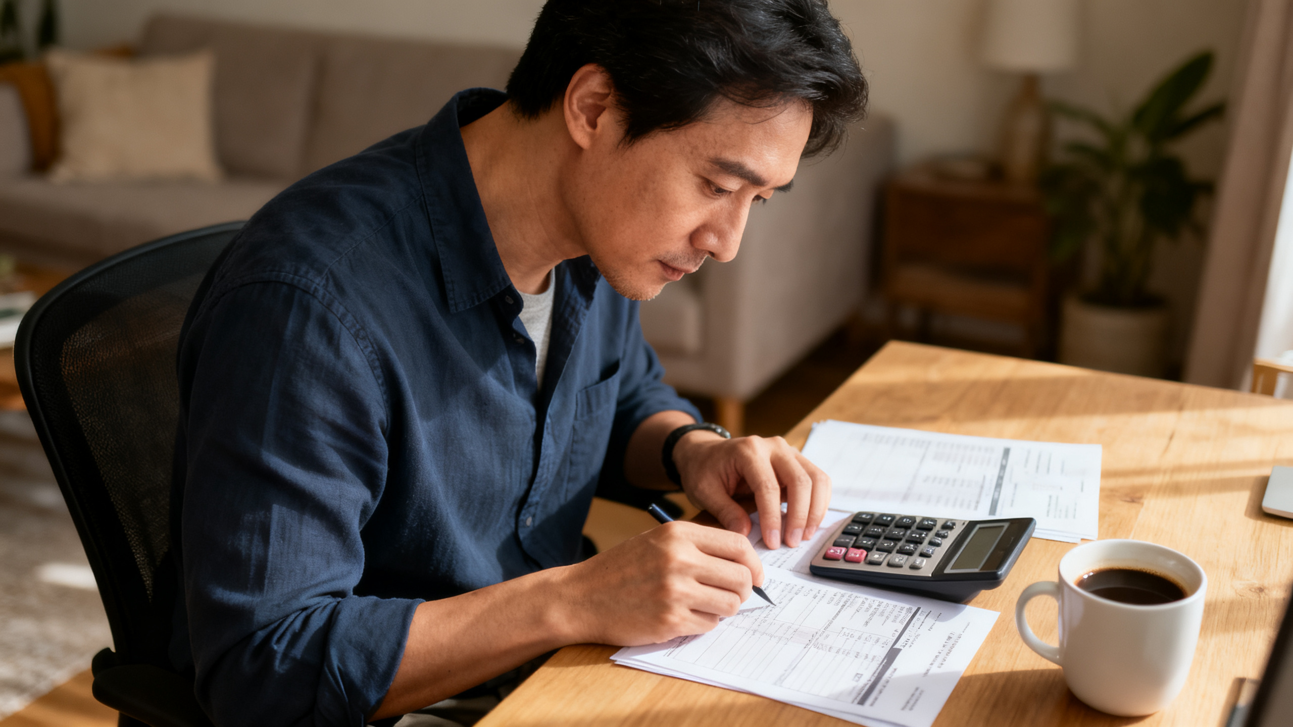Adulto concentrado revisando as finanças em uma mesa em casa