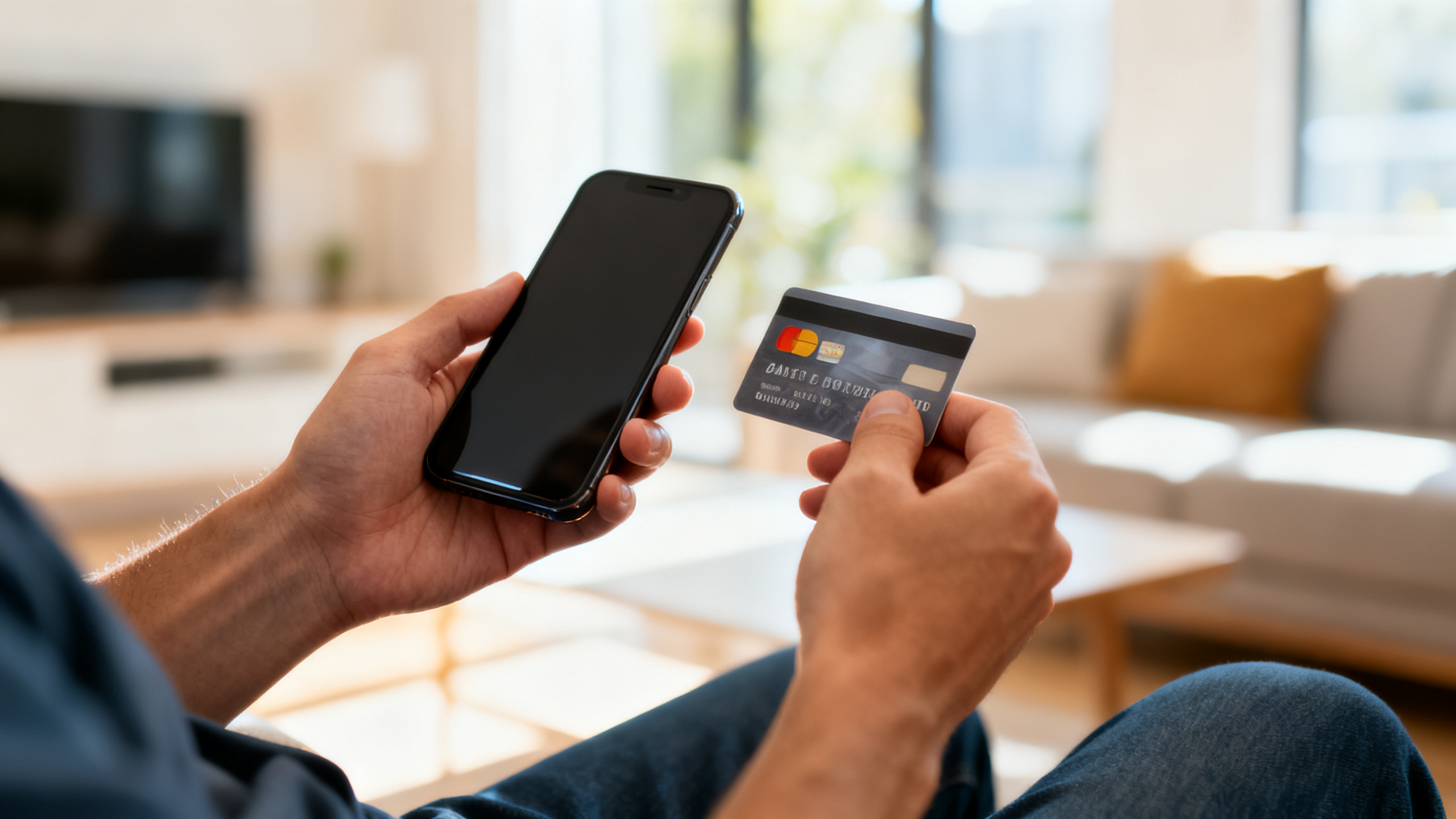 Mãos segurando smartphone e cartão em ambiente doméstico moderno