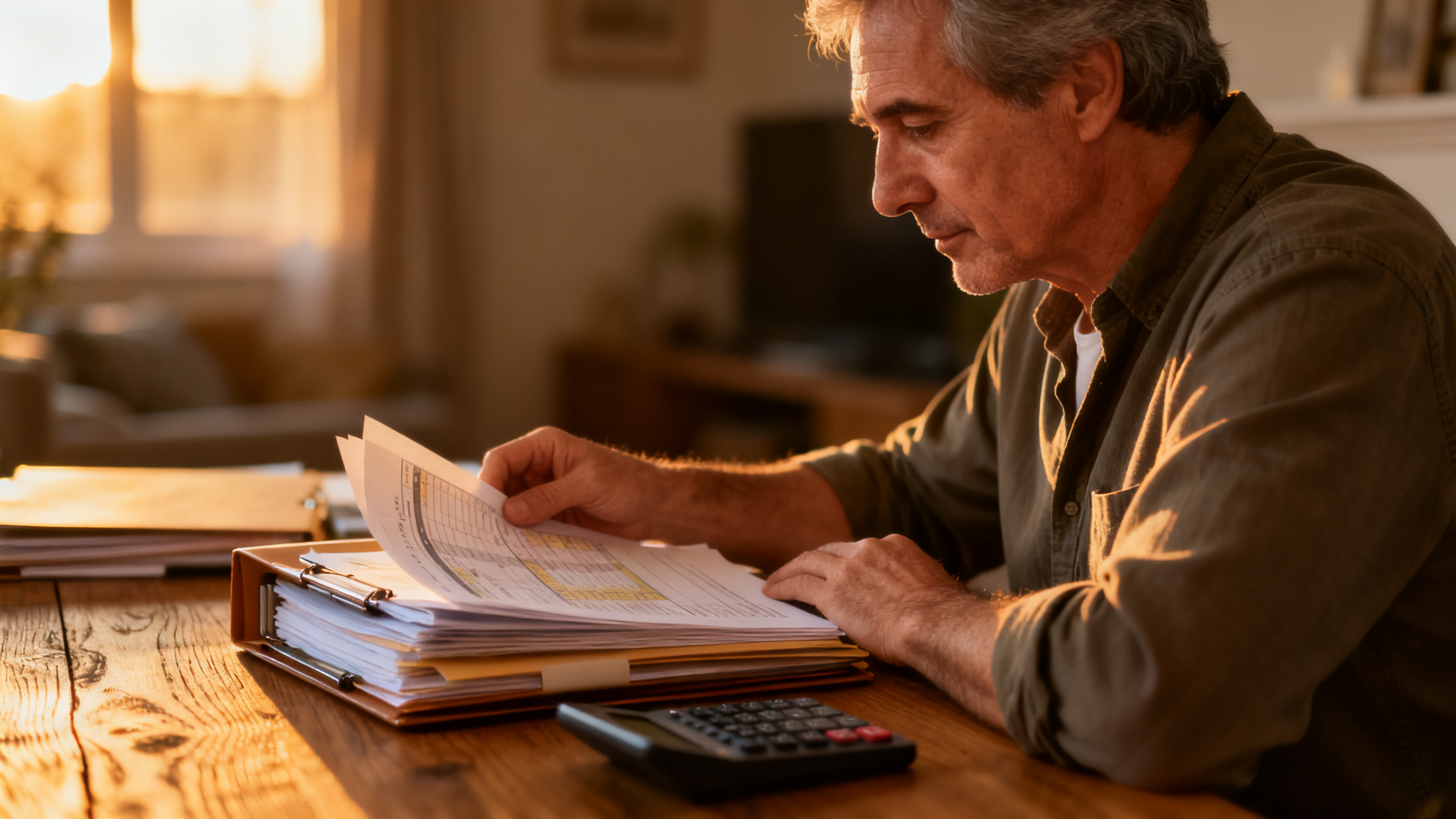 Pessoa analisando suas finanças em casa ao final do dia