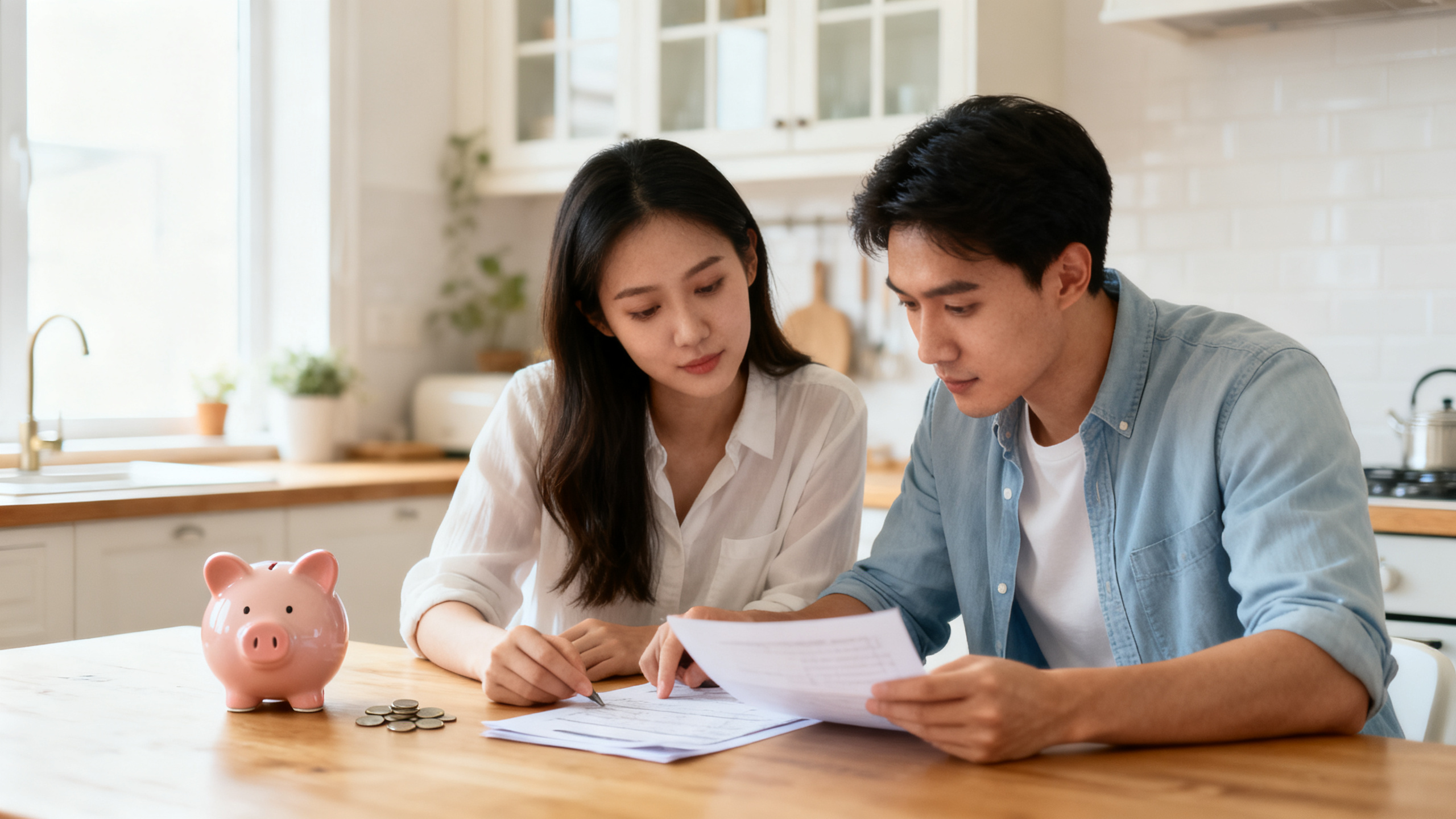 Casal organizando as finanças em casa