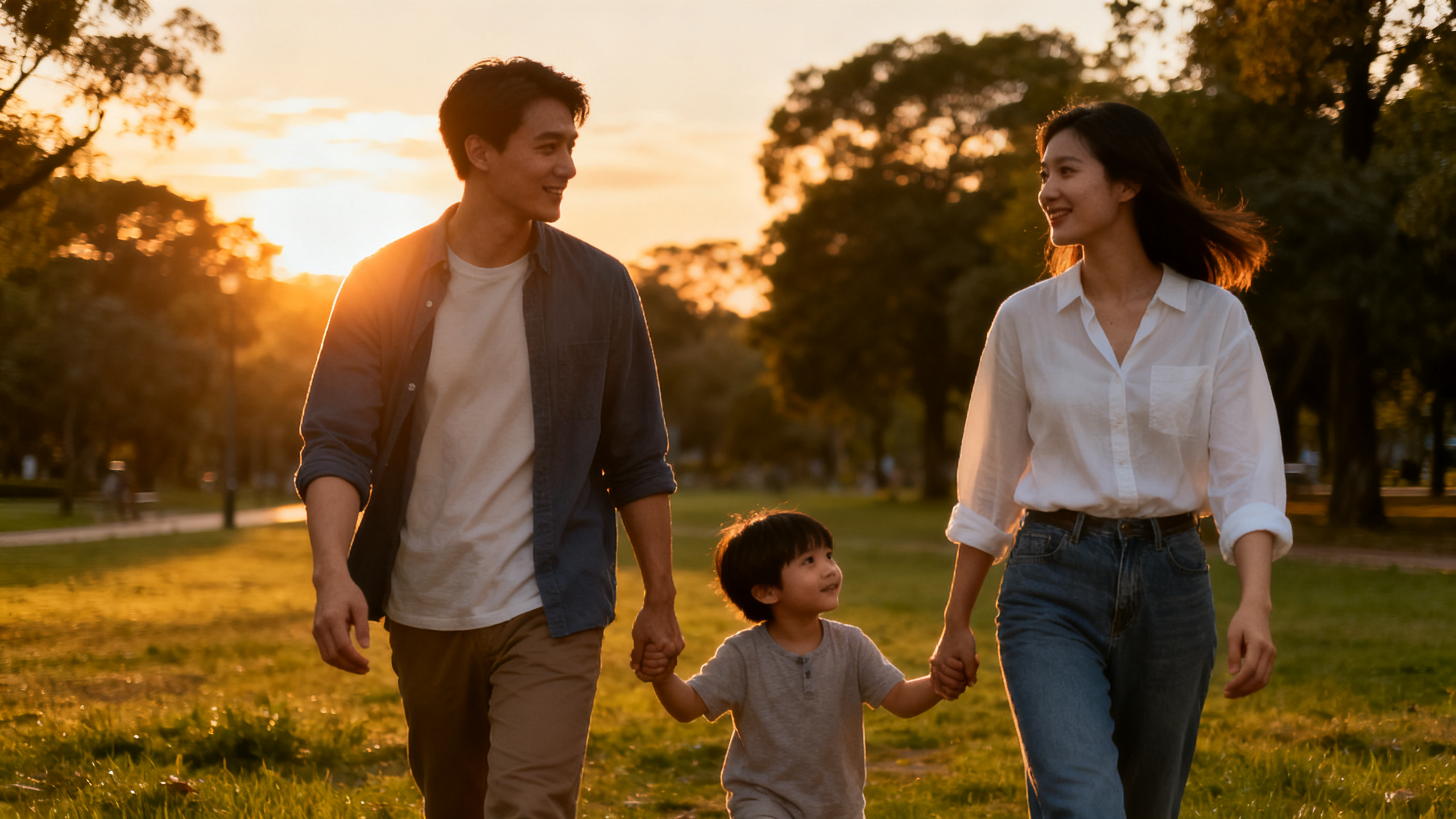 Família caminhando ao pôr do sol representando planejamento de longo prazo