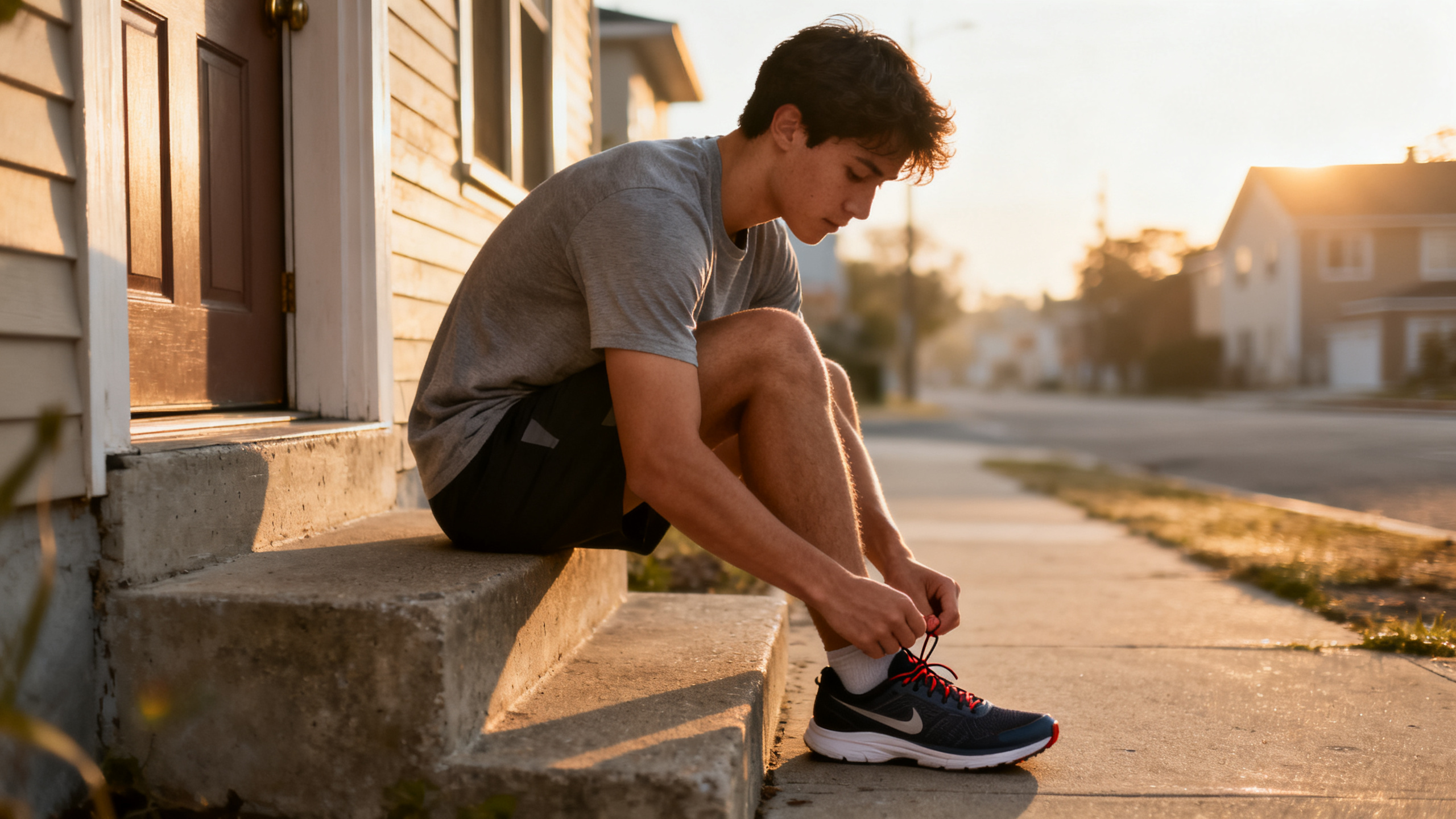 Jovem amarrando o tênis pronto para começar a correr de manhã